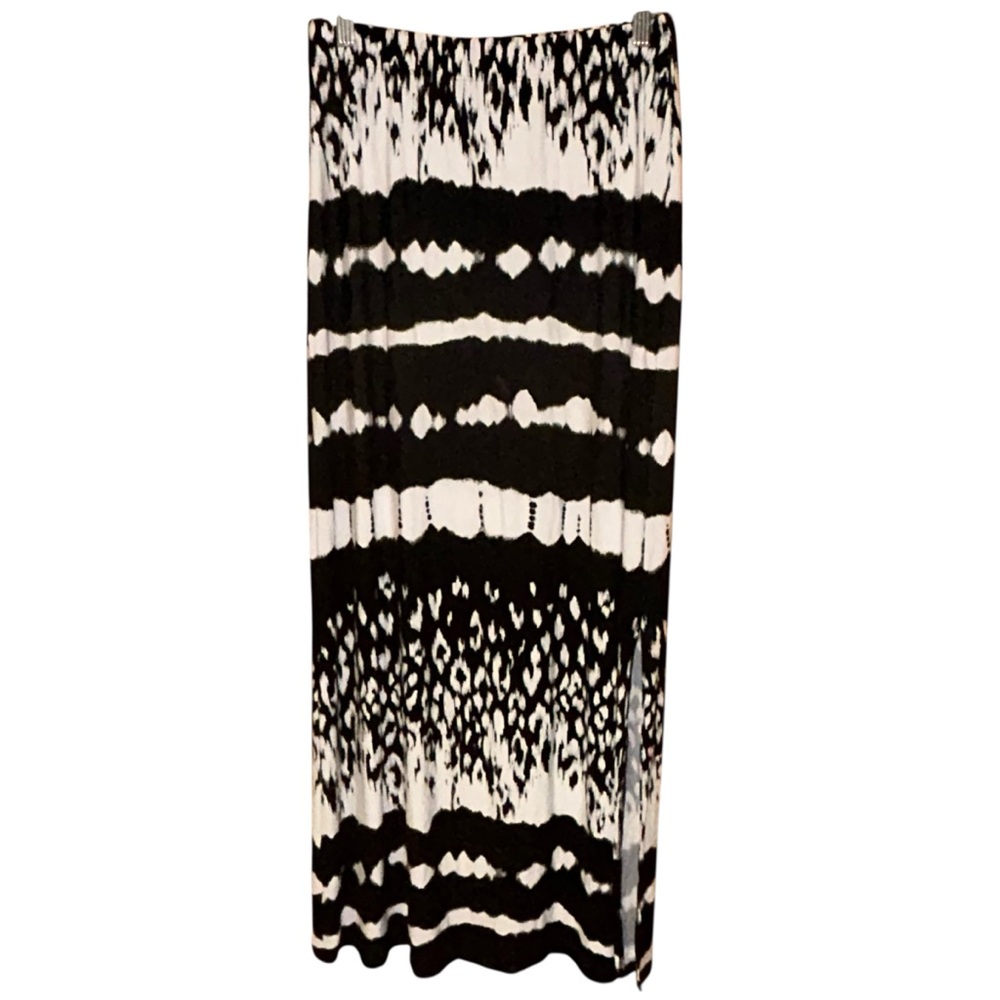 Chico’s (0) Maxi Skirt Black White Abstract Print‎ Small Rayon Spandex Side Slit